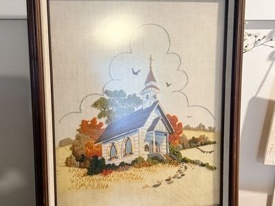 Vintage Framed Sunset Country Church Crewel