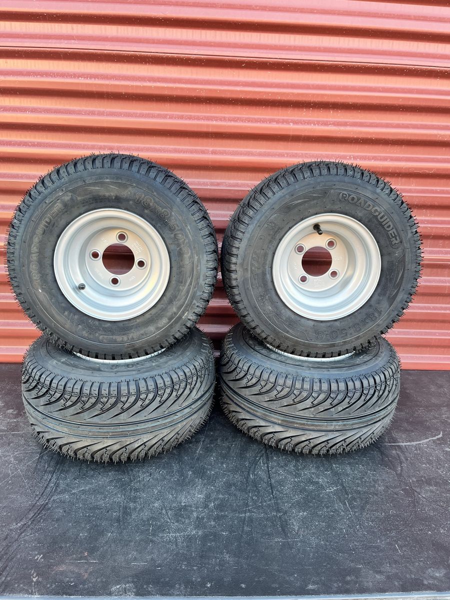 New Set of 4 Road Guider Golf Cart Tires Mounted on New Silver Wheels 18X8.5-8 Perfect for The Course and Cruising Around Town