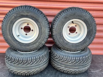 New Set of 4 Road Guider Golf Cart Tires Mounted on New Silver Wheels 18X8.5-8 Perfect for The Course and Cruising Around Town