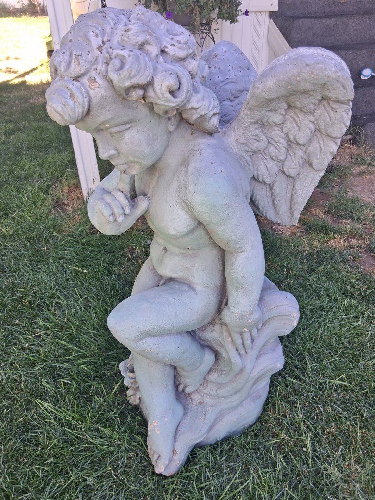 Vintage Concrete Cherub Garden Statue with Wings