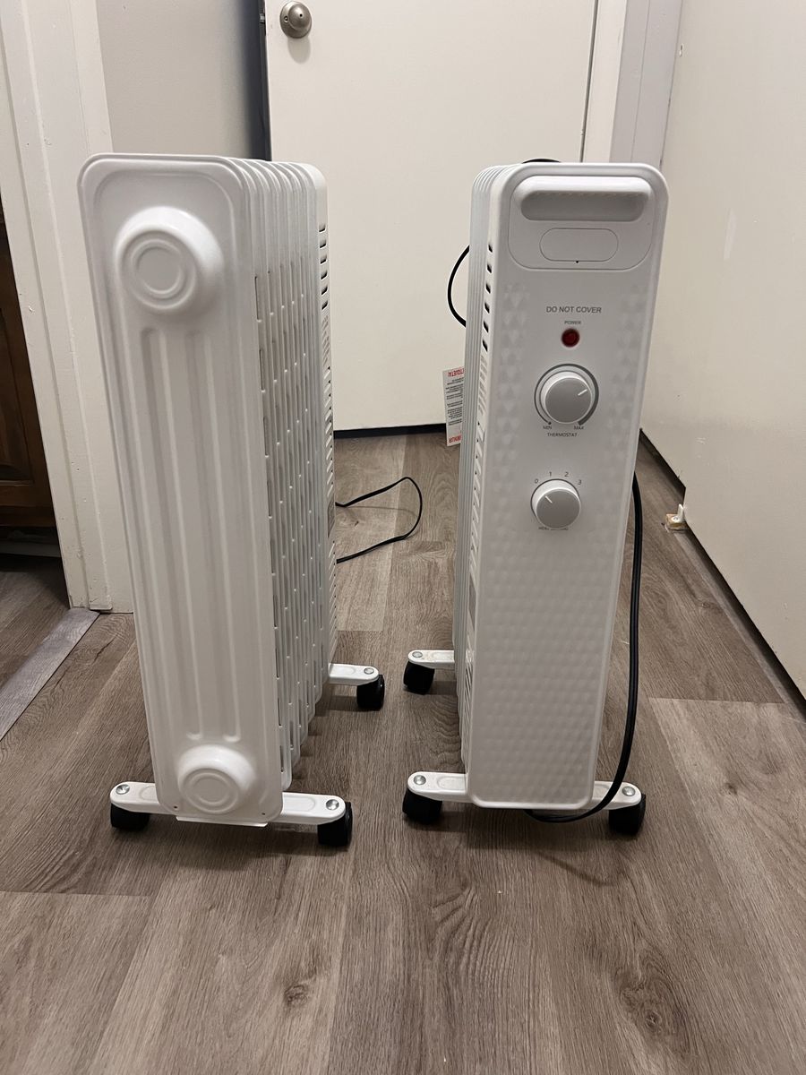 Set of 2 White Oil-Filled Radiator Space Heaters with Adjustable Thermostat and Wheels