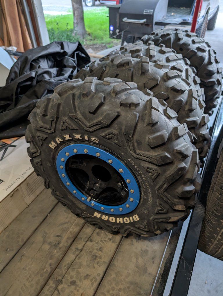 Maxxis Bighorn ATV/UTV Tires & Blue Beadlock Rims (2x) AT26x9R12, (2x) AT26x12R12