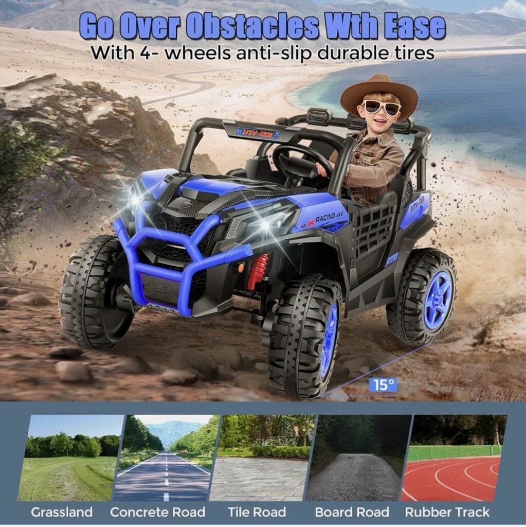 U01 12V Blue Kids 2-Seater Ride-On UTV with Remote Control, Anti-Slip Tires