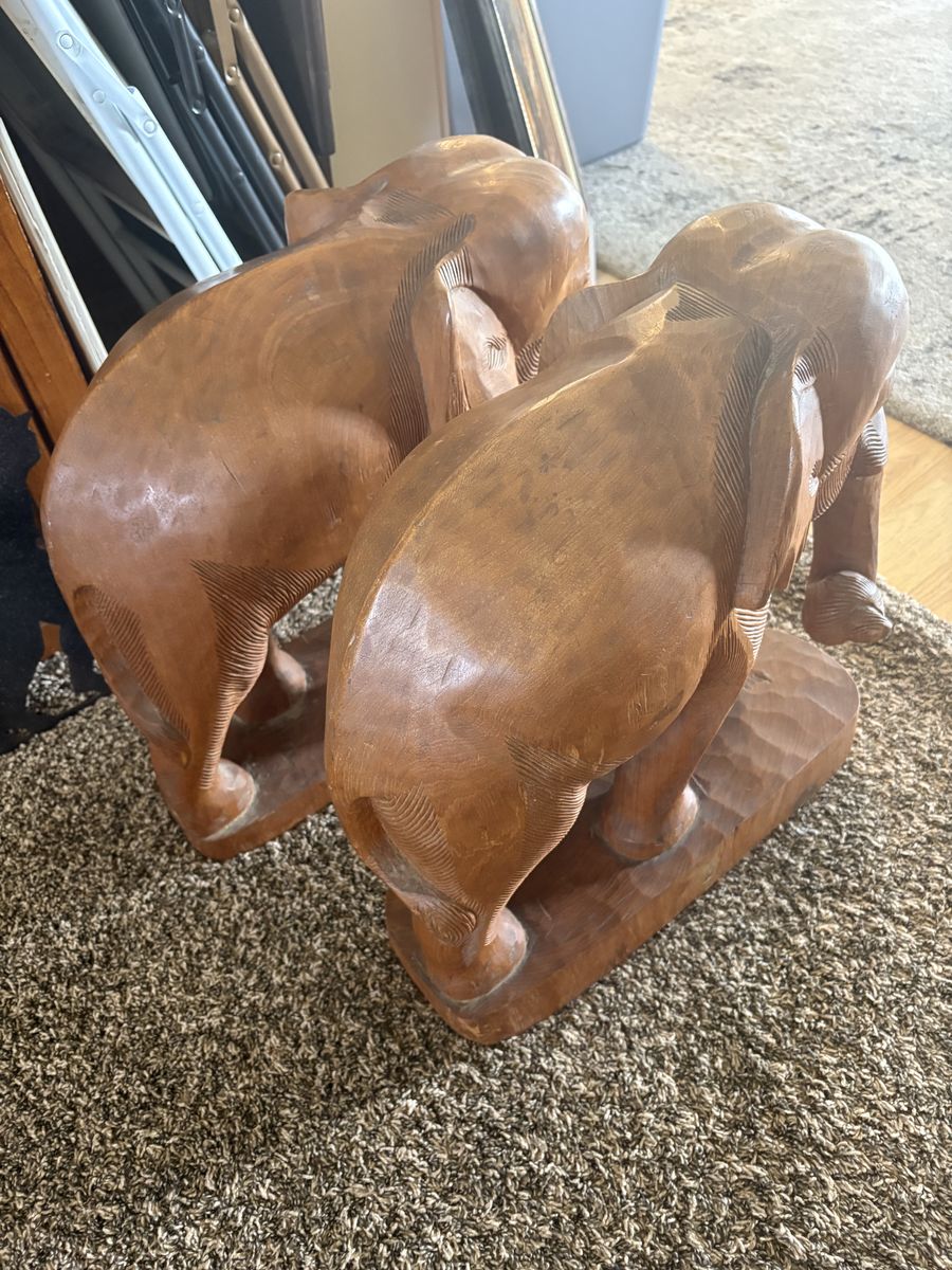 Vintage Hand-Carved Wooden Elephant Statues and Framed Art Prints