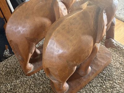 Vintage Hand-Carved Wooden Elephant Statues and Framed Art Prints