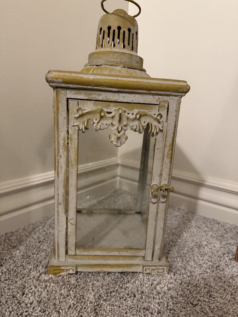 Rustic Shabby Chic Decorative Lantern - Distressed White/Gold Glass Candle Holder