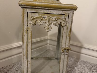 Rustic Shabby Chic Decorative Lantern - Distressed White/Gold Glass Candle Holder