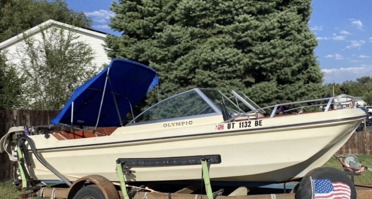 Olympic Speed Boat - Classic Runabout with Blue Bimini Top, Tan Hull, and Brown Interior