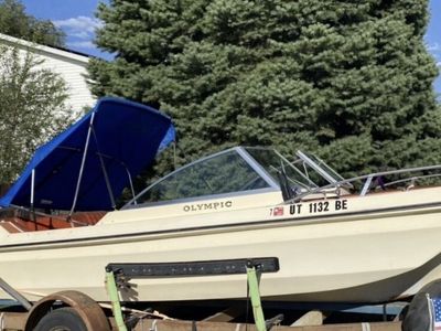 Olympic Speed Boat - Classic Runabout with Blue Bimini Top, Tan Hull, and Brown Interior