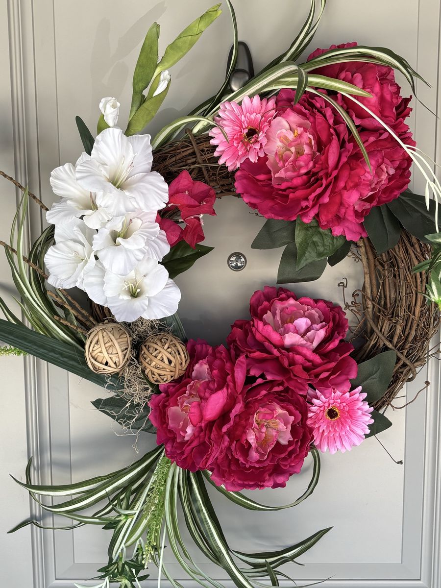 Handmade Pink Peony & White Gladiolus Floral Wreath - Grapevine Base, Door Decor