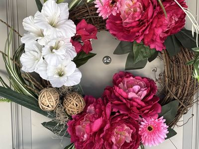 Handmade Pink Peony & White Gladiolus Floral Wreath - Grapevine Base, Door Decor