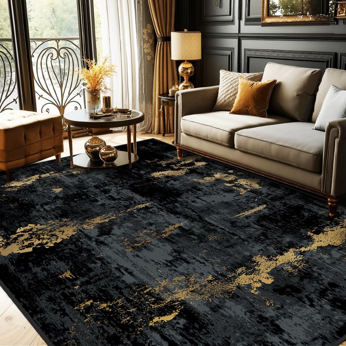 New Modern Abstract Large 9 x 12 Area Rug - Black, Charcoal, Gold/Bronze