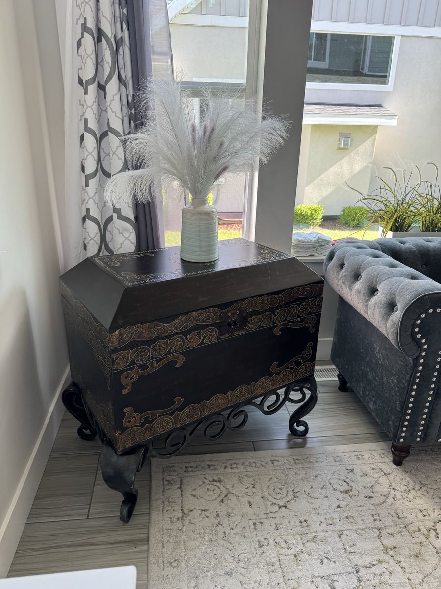 Vintage Black & Gold Trunk / Chest on Scroll Metal Stand - Unique Accent Storage