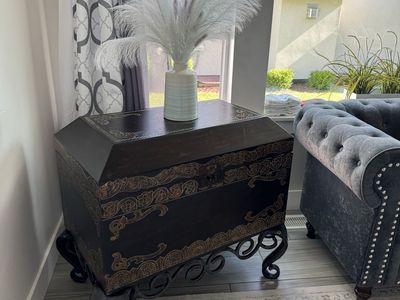 Vintage Black & Gold Trunk / Chest on Scroll Metal Stand - Unique Accent Storage