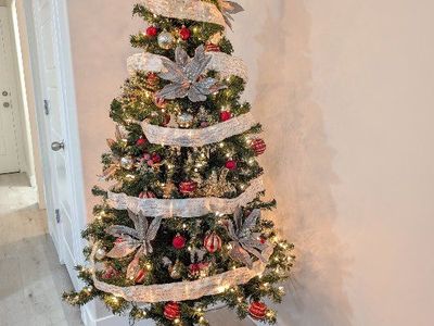 Pre-Lit Artificial Christmas Tree w/ Red & Gold Ornaments and Decor