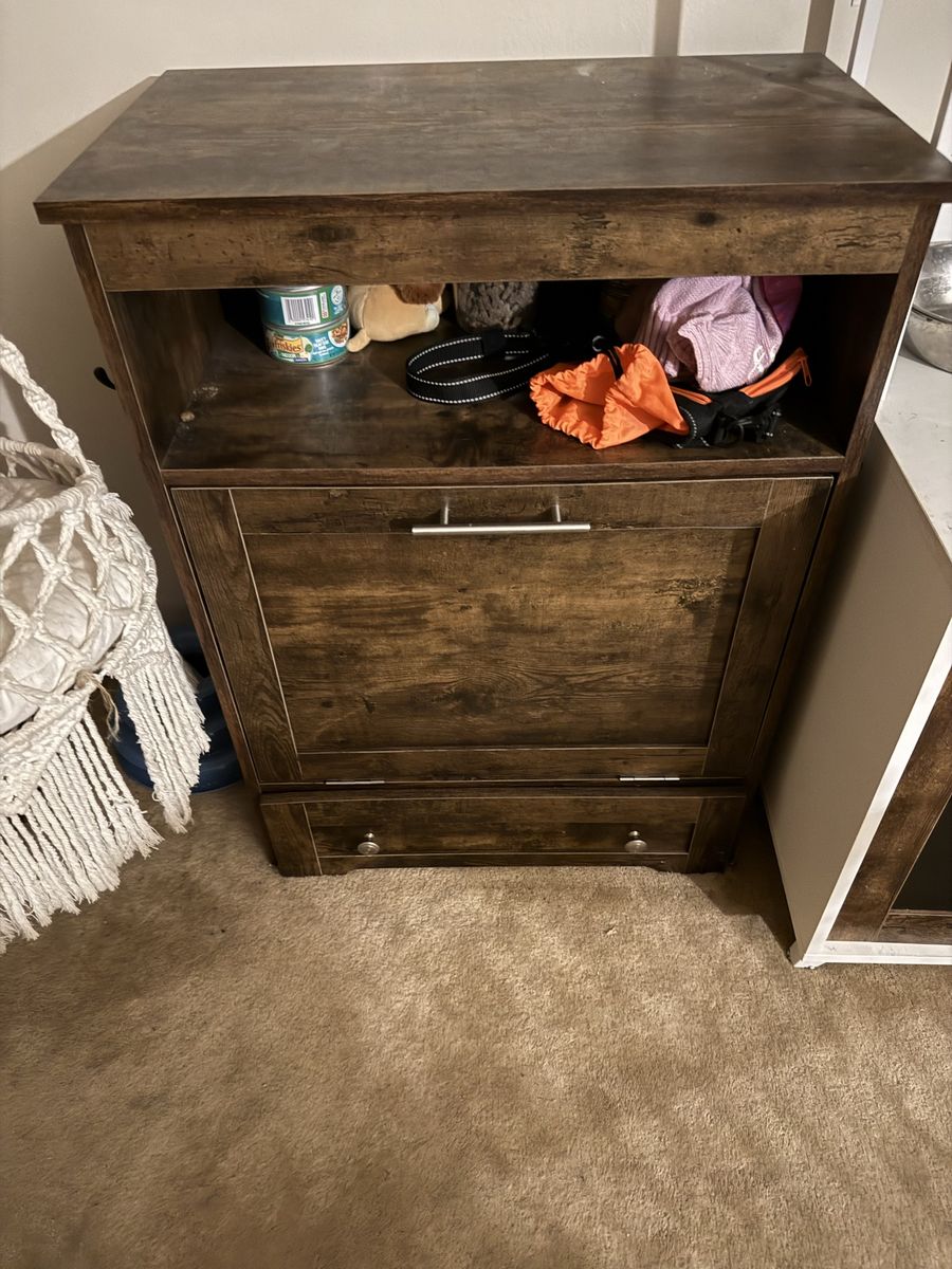 Rustic Wood Pet Food Storage Cabinet with Tilt-Out Bin and Open Shelf