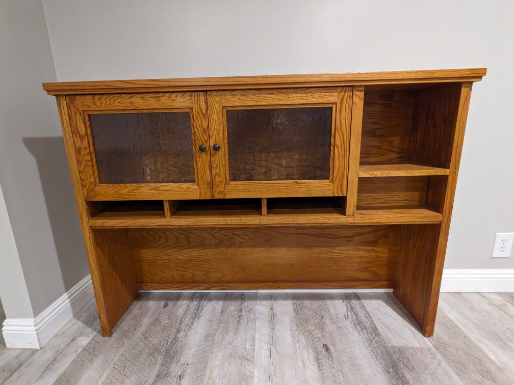 Oak Wood Desk Hutch with Glass Cabinet Doors & Shelves