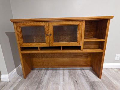 Oak Wood Desk Hutch with Glass Cabinet Doors & Shelves