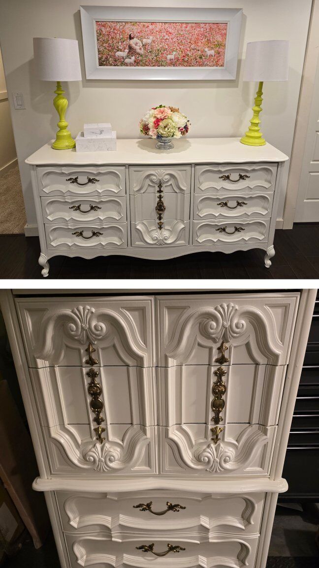 Set Of White and Gold Dressers Tall and Long