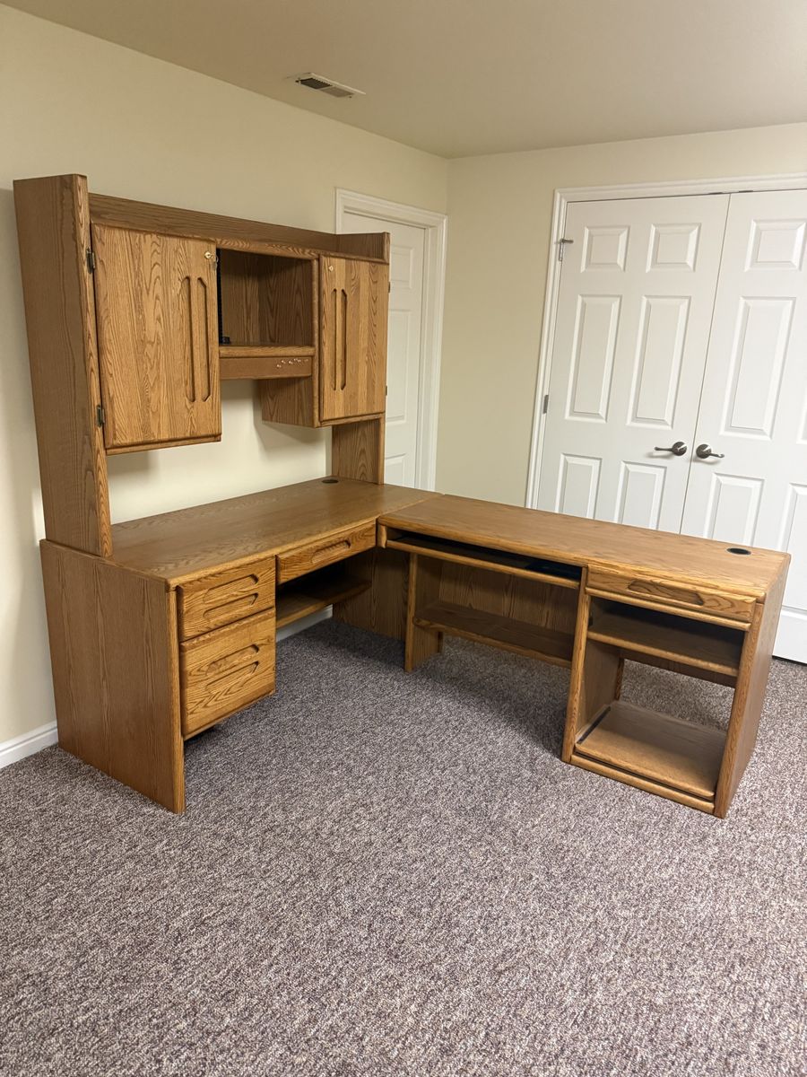 Large Wooden L-Shaped Executive Desk with Hutch and Storage