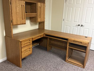 Large Wooden L-Shaped Executive Desk with Hutch and Storage