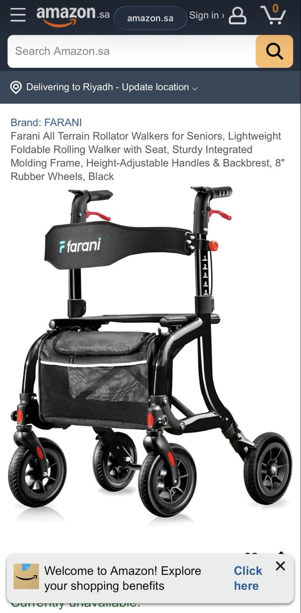 Farani IF-M03A All-Terrain Rollator Walker for Seniors, Foldable with Seat, Black, New