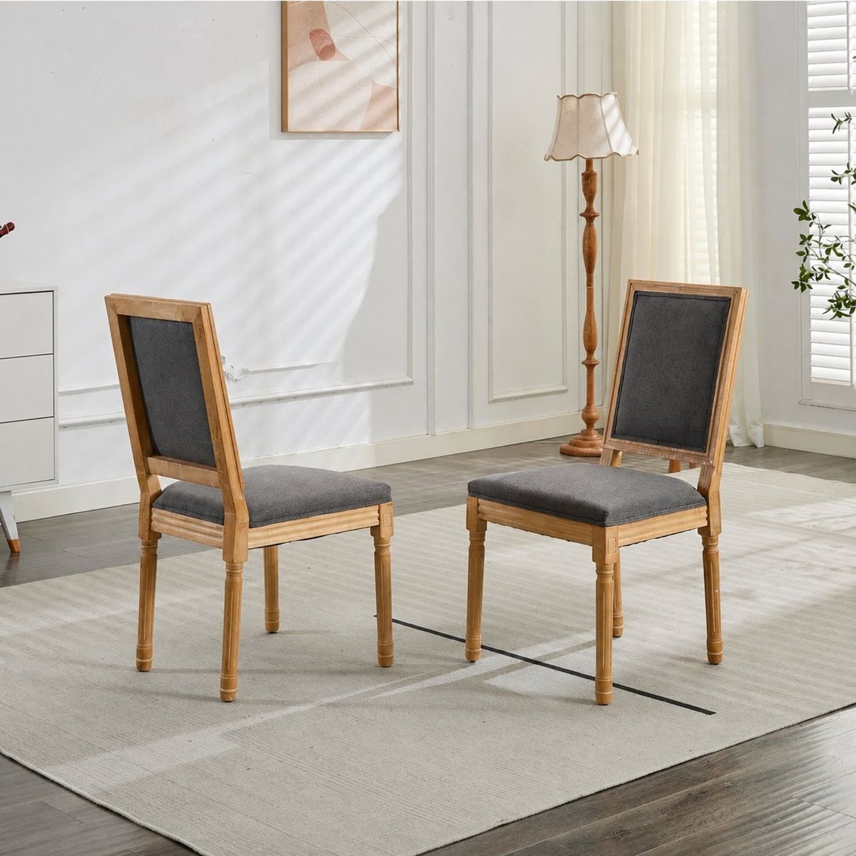 New Farmhouse Dining Chairs – Set of 2 – Gray Upholstered – Solid Wood #424