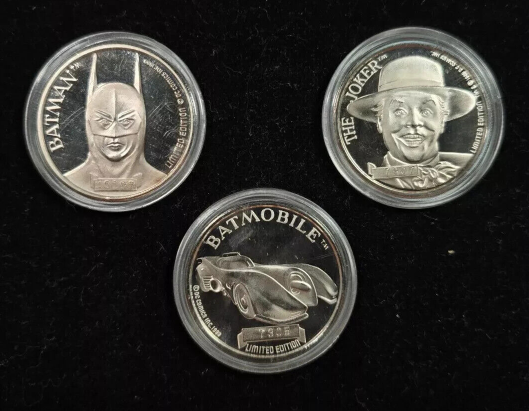 1989 Batman 50th Anniversary Commemorative DC Comics .999 Fine Silver Coin Set of 3