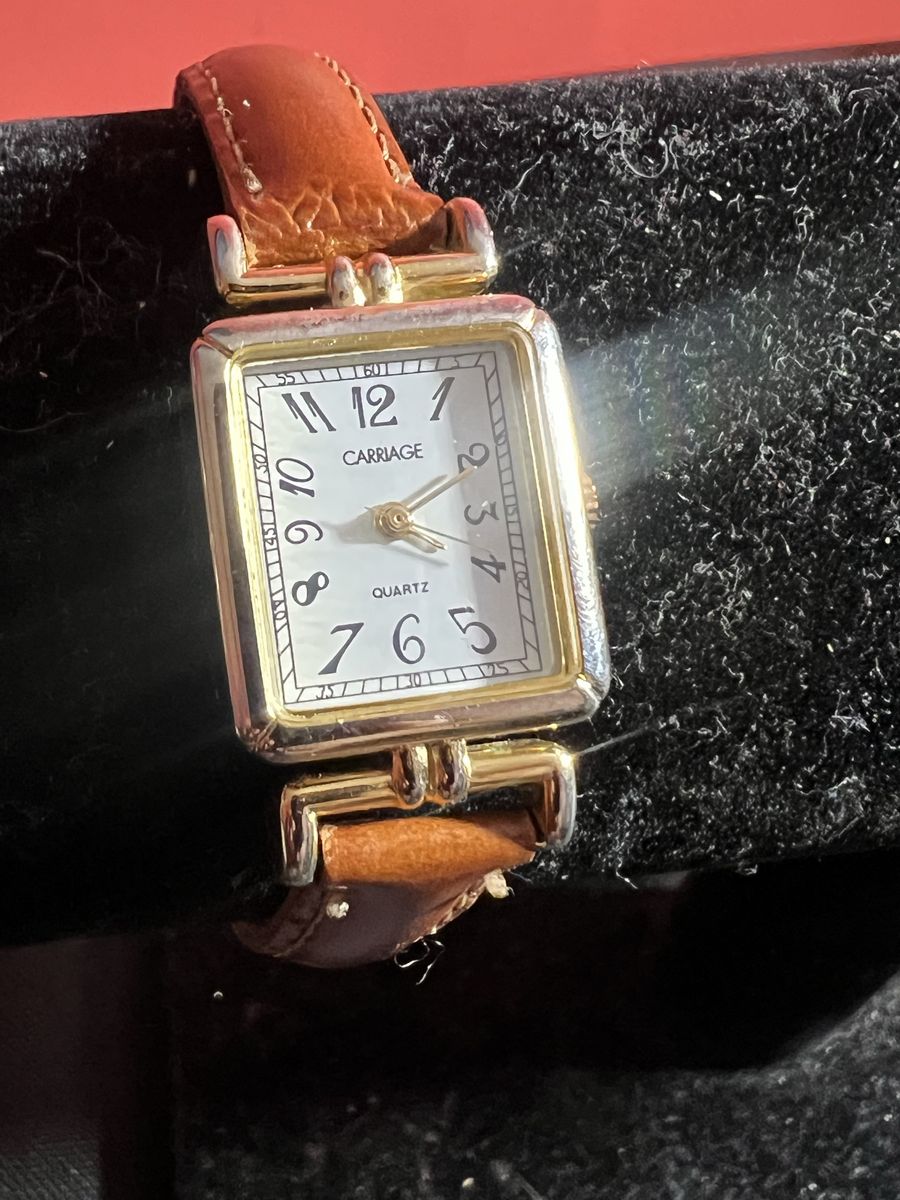 Carriage Quartz Women's Watch - Gold Tone Case, White Dial, Brown Leather Band, Rectangular Face
