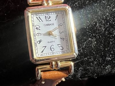 Carriage Quartz Women's Watch - Gold Tone Case, White Dial, Brown Leather Band, Rectangular Face