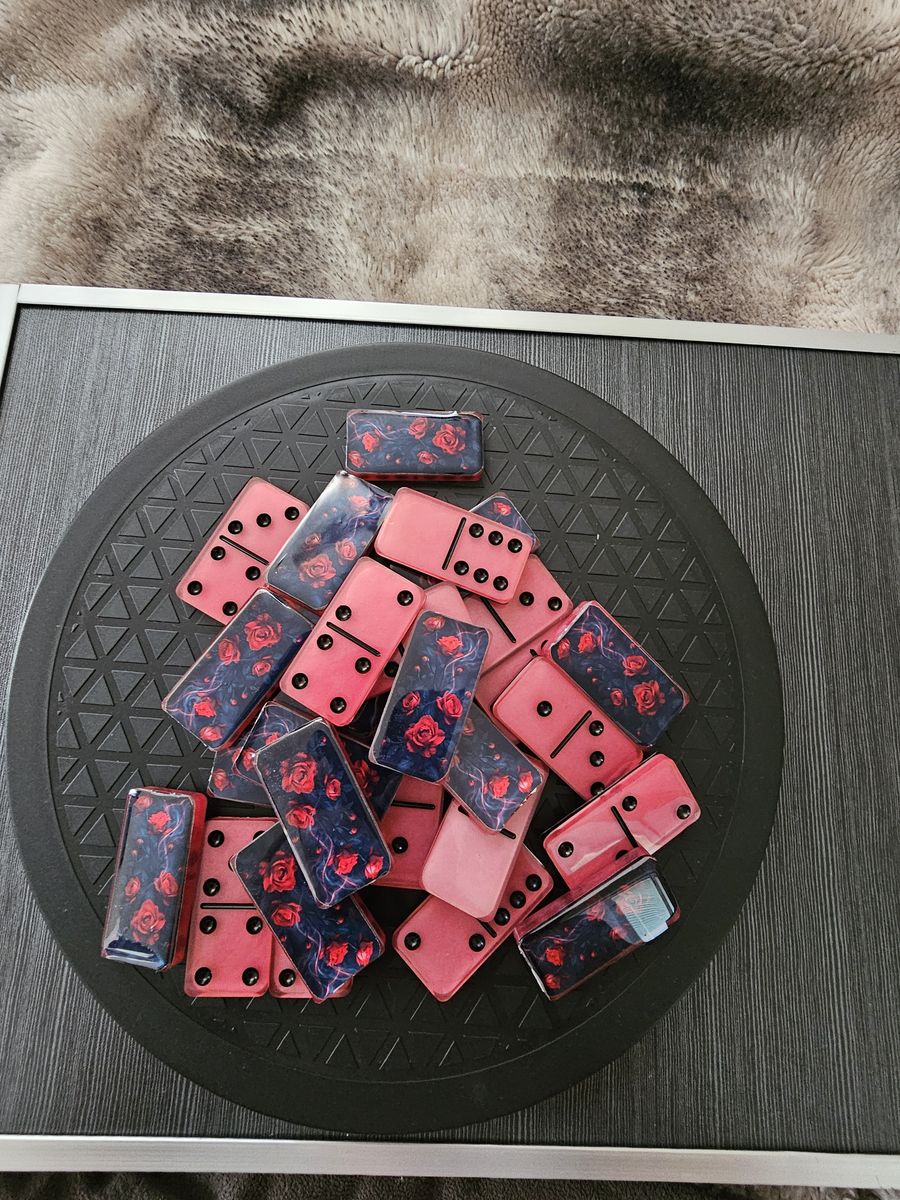 Custom Handmade Resin Dominoes Set with Red Rose Floral Design