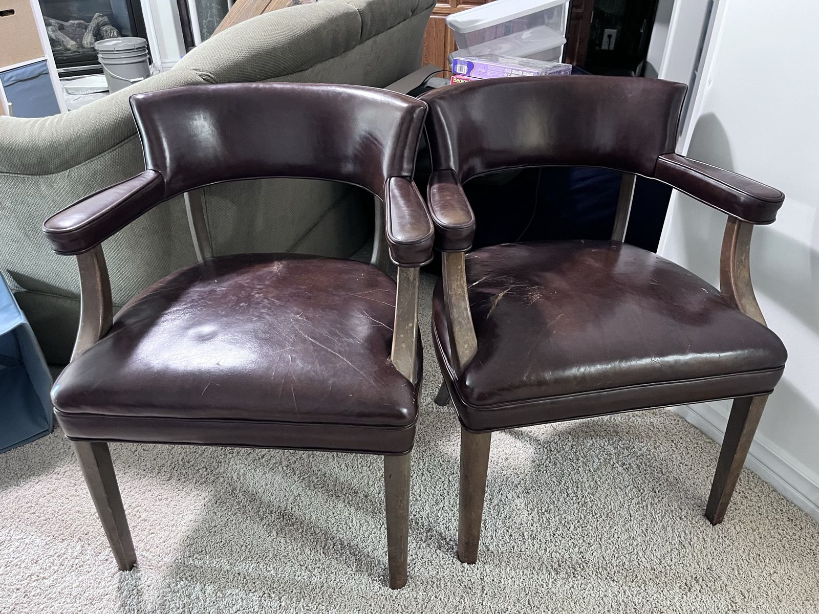 Pair of Brown Faux Leather Accent Chairs with Armrests