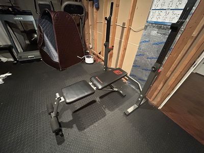 Weight bench, squat rack, and weight plates. Selling as a set or separate!