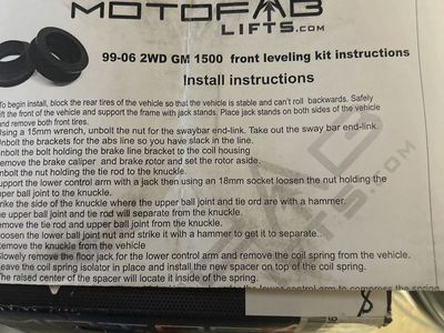 Motofab Lifts 99-06 2WD GM 1500 Front Leveling Kit - Lift Spacers & Instructions