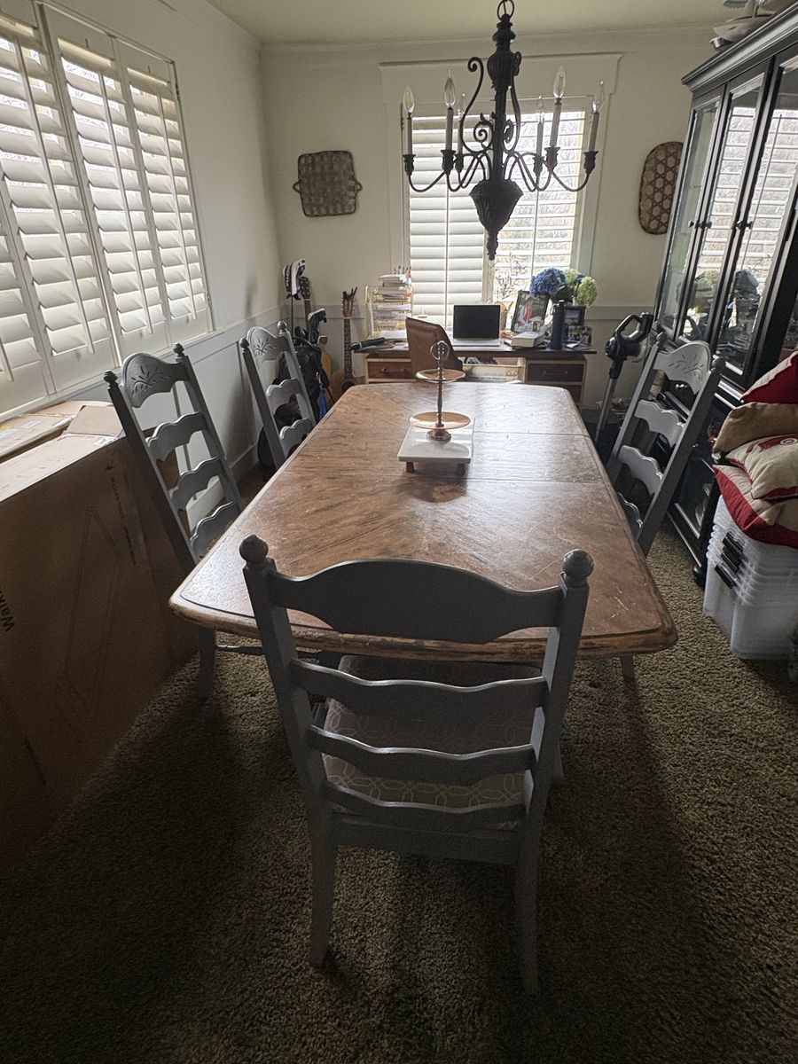 Dining Table & 6 Chairs - Solid Wood, Light Finish, Upholstered Seats