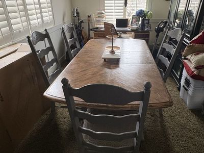 Dining Table & 6 Chairs - Solid Wood, Light Finish, Upholstered Seats