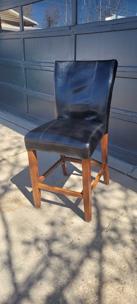 Black Faux Leather Upholstered Bar Stool with Wood Legs - Counter Height Chair