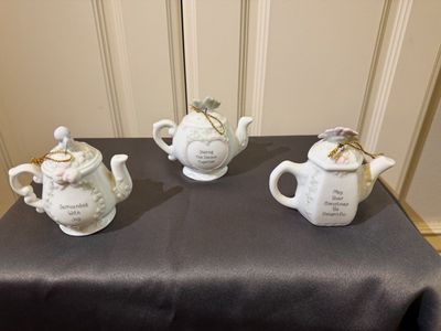 Precious Moments Porcelain Teapot Christmas Ornaments - Set of 3
