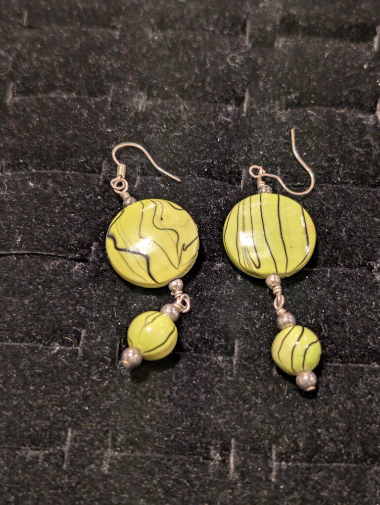 Green Wood Bead Dangle Earrings