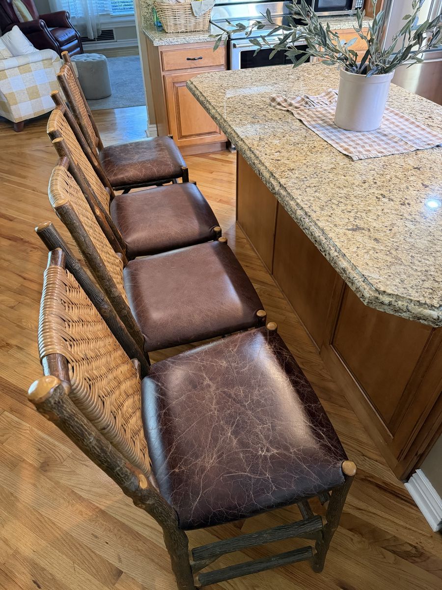 Authentic Old Hickory Barstools (Set of 4) - Rustic Lodge Style, Leather Seats, Cane Backs