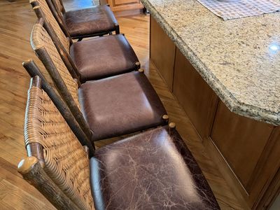 Authentic Old Hickory Barstools (Set of 4) - Rustic Lodge Style, Leather Seats, Cane Backs