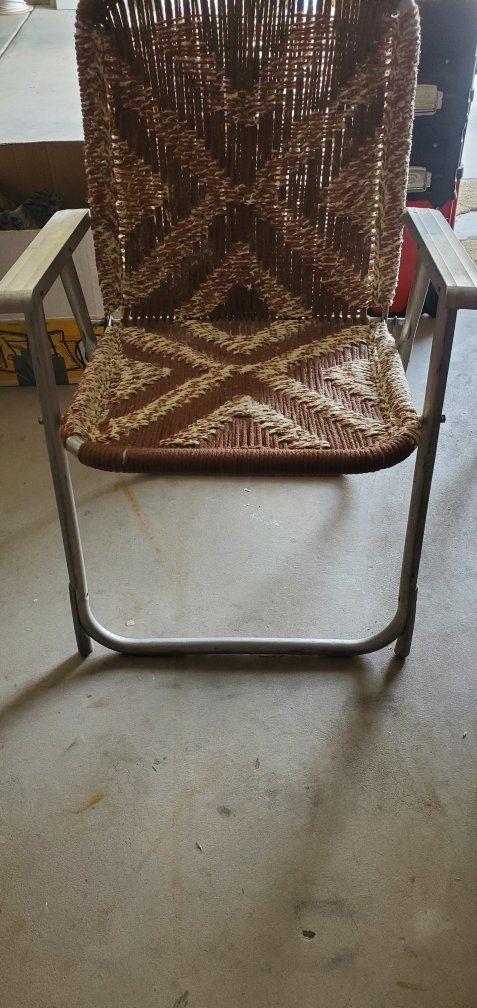 Vintage Aluminum Lawn Chairs Set Folding Wood Slat & Woven Webbing Patio Chairs