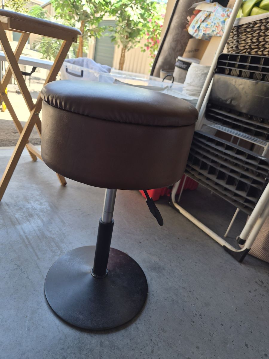 Brown Round Faux Leather Adjustable Swivel Storage Stool Seat