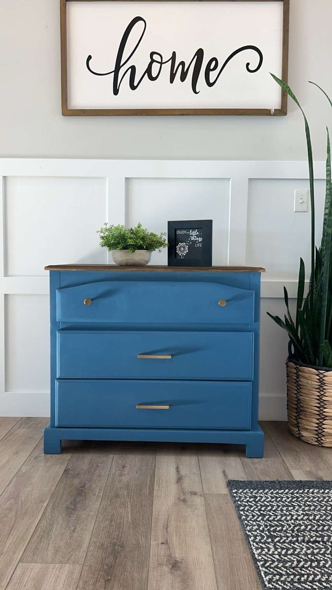 Blue Dresser with 3 Drawers and Wood Top