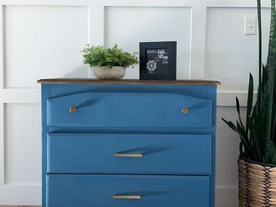 Blue Dresser with 3 Drawers and Wood Top