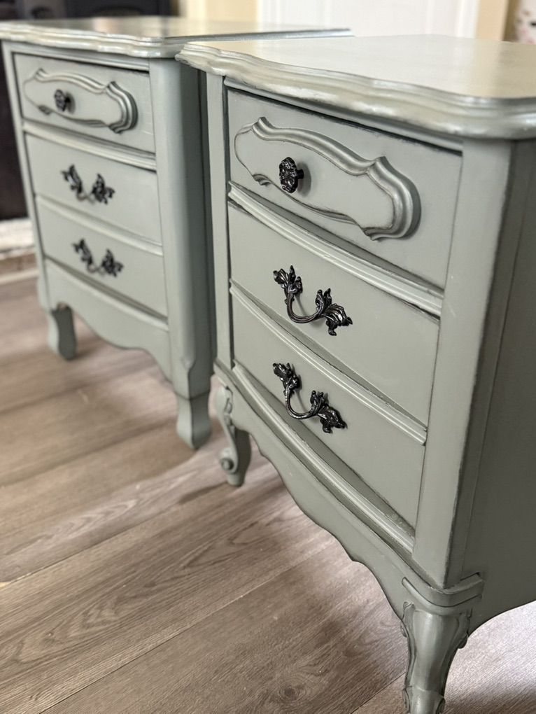 2x Vintage Green French Nightstands