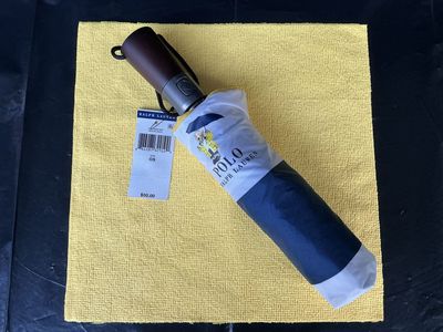 Polo Ralph Lauren Umbrella Folding Auto Open Blue & White Bear NWT
