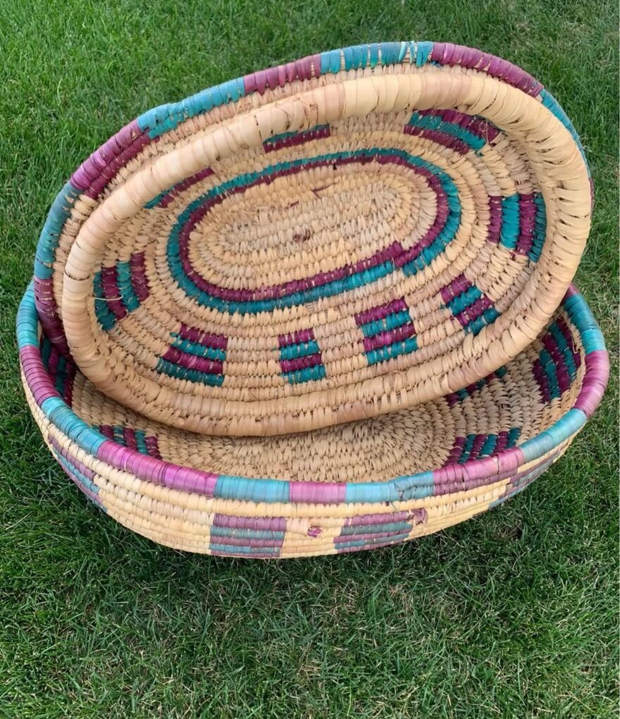 Large Vintage Wicker Leather Oval Woven Basket