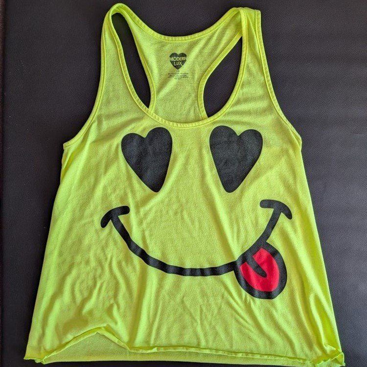 Modern Lux Neon Yellow Emoji Graphic Tank Top Size L