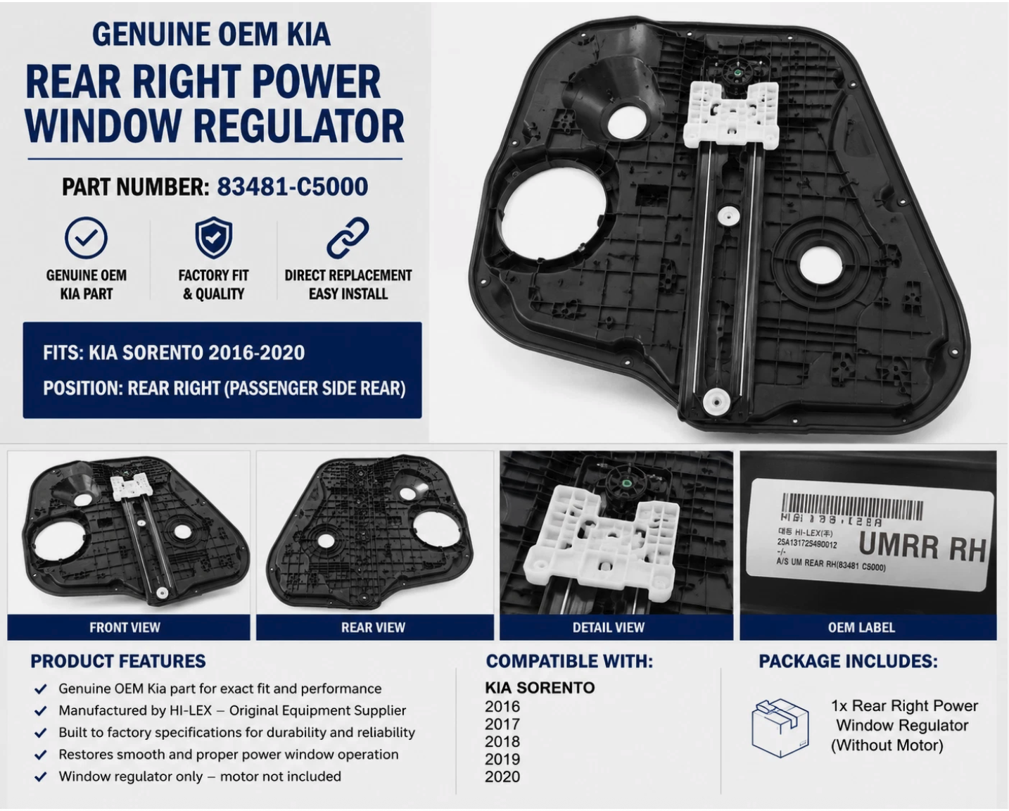 Genuine OEM Kia Sorento Rear Right Power Window Regulator 83481-C5000 2016-2020
